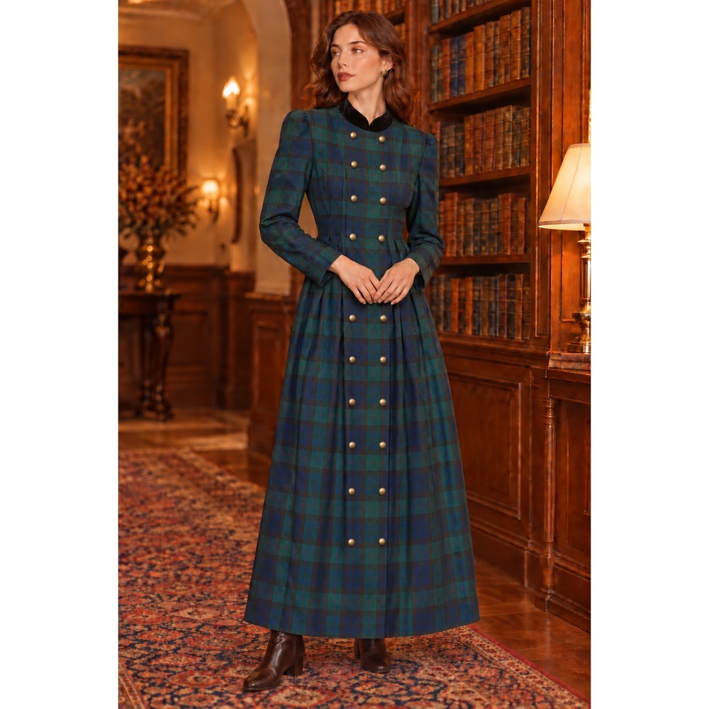 VTG 90s JESSICA HOWARD 16 Blackwatch Plaid Maxi Dress Velvet Collar Modest